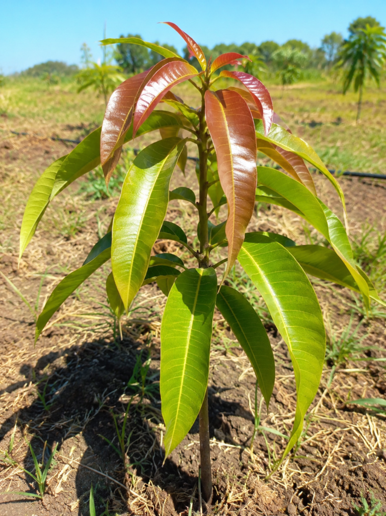 young mango plant with reddish new leaves growing in direct morning sunlight